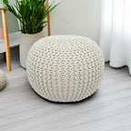 COTTON CRAFT Round Dori Pouf - Cotton Braid Cord Cable Knitted Ottoman - Foot Stool Footrest Floor Pouf Accent Furniture Bean Bag - Living Room Dorm Décor - 20.5 Dia x 13.5 High - Round Ivory Cream