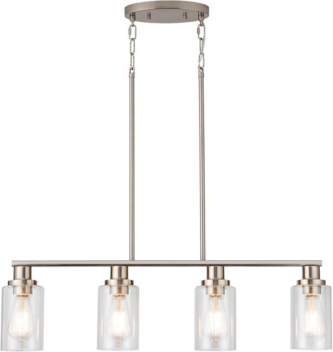 Kitchen Island Lighting, 4-Light Farmhouse Dining Room Light Fixtures Over Table, Linear Chandelier Pendant Lighting for Kitchen Island for Brushed Nickel Finish with Clear Glass Shade