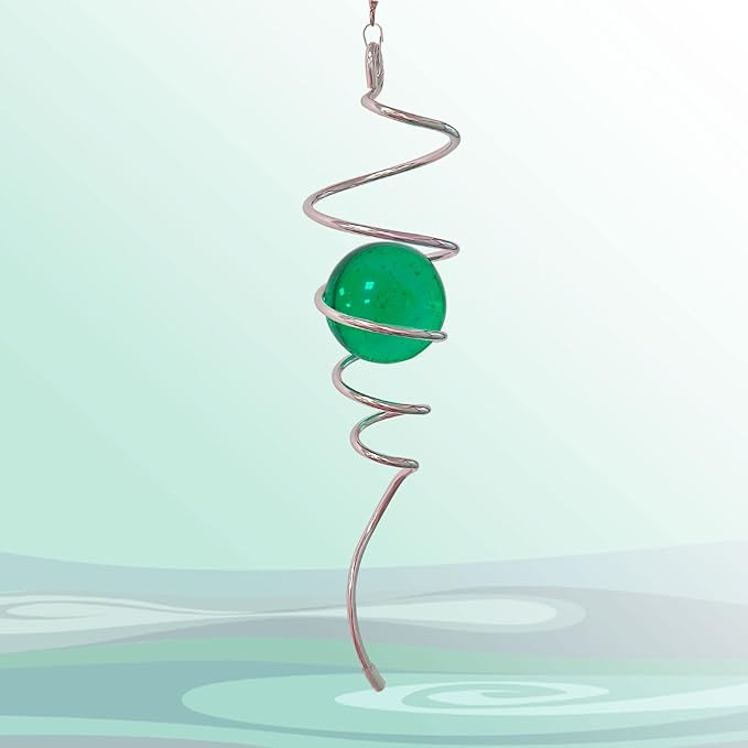 Wind Spinner Tail Gazing Ball Spiral Decorative Wind Spinner Sun Catcher 11inch Tail and 2 inch Glass Orb. Indoor Outdoor Garden Decoration Wind Sculptures-13 inch Height (Green)