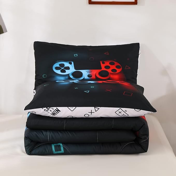 Boys Gamepad Comforter Set Full,Play Gamer Bedding Set Kid Young Man Video Games Down Comforter for Teen Child Game Room Decor Black Classic Retro Gaming Quilt Duvet Set with Controller Button