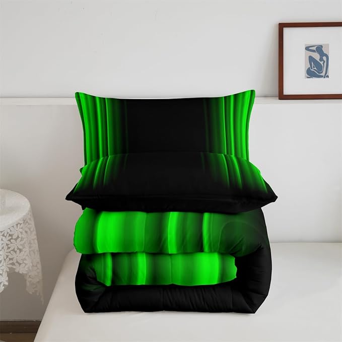 Feelyou Geometric Abstract Ombre Bedding Bed Set Men Adults Teens Green and Black Striped Comforter Set Kids Boys Girls Simple Modern Comforter Inner Fill Bedroom Collection 3Pcs King Size