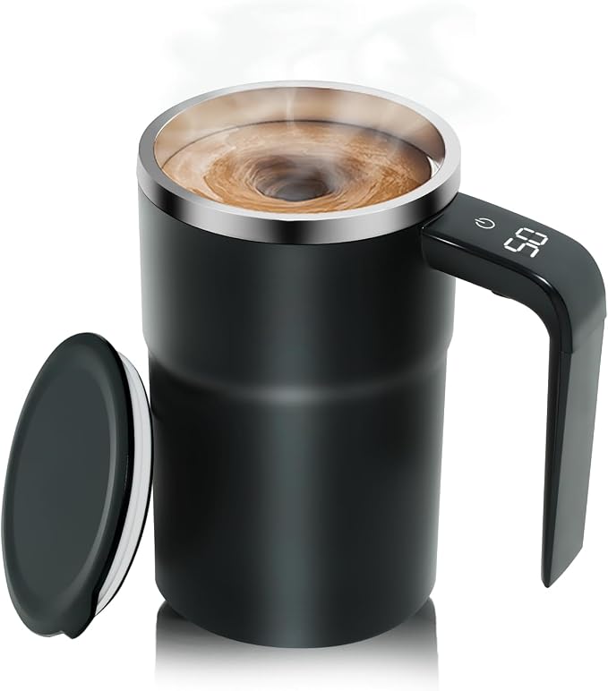 Self Stirring Coffee Mug 13 oz, Auto Mixing Cup With Lid And Touch Handle, Perfect Gifts For Man and Women (Onyx Black – 304 SS)