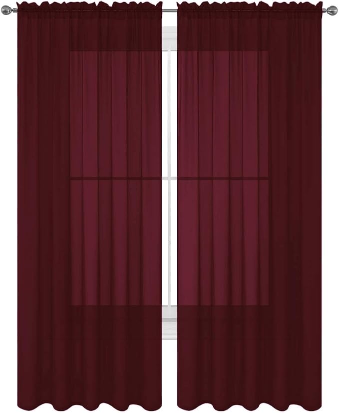 2 Piece Solid Elegant Sheer Curtains Fully Stitched Panels Window Treatment Drape (54" X 108", Burgundy)