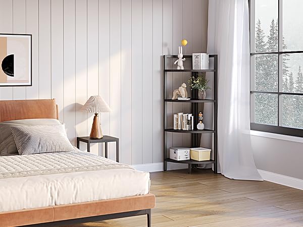 SAYGOER Corner Bookshelf 4 Tier Stand Corner Ladder Shelf Modern Storage Organizer Bookcase Industrial Display Rack Shelves for Small Space, Living Room,Home Kitchen,Office, Black