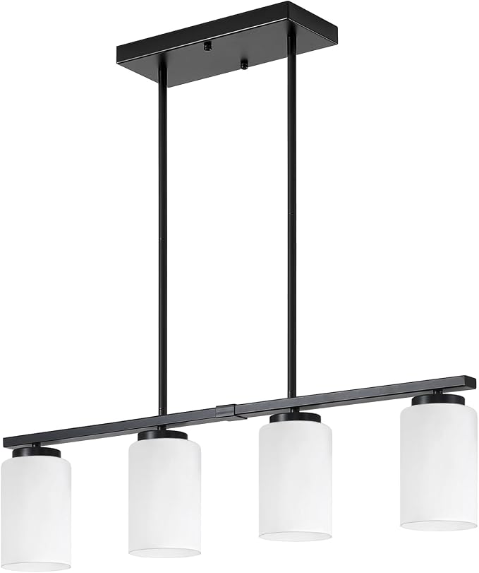 4-Light Kitchen Island Lighting Linear Chandelier Dining Room Light Fixture | 30'' Modern Island Lights for Kitchen, Farmhouse Black Chandeliers Over Table White Frosted Glass Shade, Adjustable Height