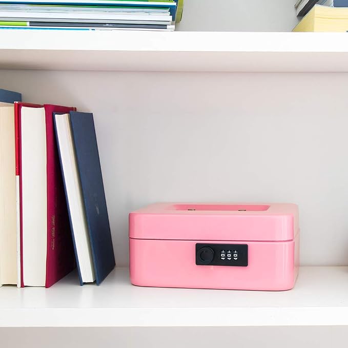 KYODOLED Medium Cash Box with Combination Lock Safe Metal Money Box with Money Tray for Security Lock Box 7.87x 6.30x 3.54Inch Pink Medium
