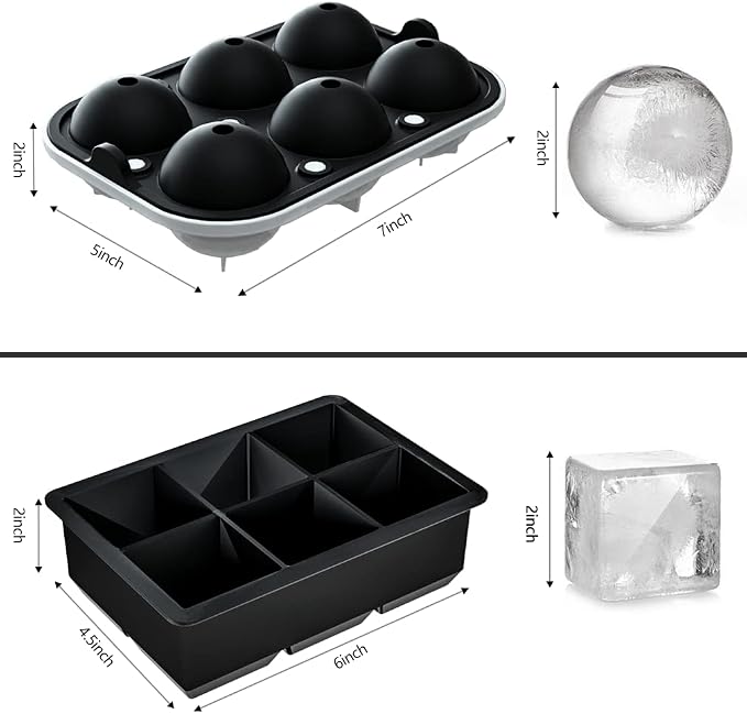 ROTTAY Ice Cube Trays (Set of 2), Sphere Ice Ball Maker with Lid & Large Square Ice Cube Maker for Whiskey, Cocktails and Homemade, Keep Drinks Chilled Black