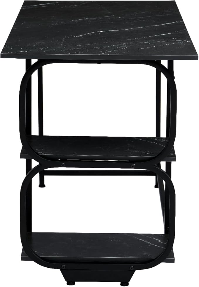 Black Marble 47inch Computer Desk Writing Workstation Home Office Table with 2-Tier Storage Shelves for Small Space