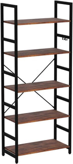 Yoobure 5 Tier Bookshelf - Tall Book Shelf Modern Bookcase for CDs/Movies/Books, Rustic Book Case Industrial Bookshelves Book Storage Organizer for Bedroom Home Office Living Room Brown