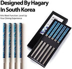 Hagary Blue Wave Chopsticks 5 Pairs Metal Chopsticks Reusable Designed In Korea Japanese Style Stainless Steel 316 18/10 Non-Slip Dishwasher Safe Laser Engraved