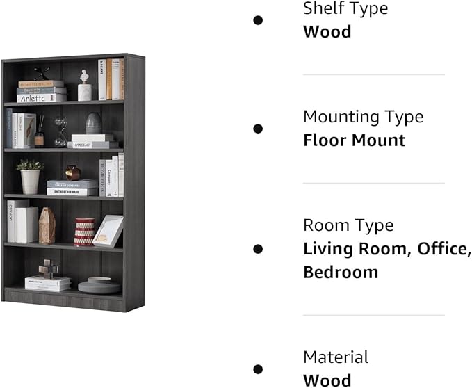 Farini Grey Bookshelf for Bedroom 5 Shelf Office Bookcase 60 Inches Tall Modern Wood Bookshelf for Living Room 5 Tier Wide Manga Bookshelf Library Bookcase
