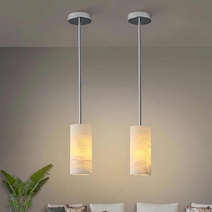 Alabaster Pendant Light Kitchen Island, H-9.5in Nickel Pendant Light Fixtures with Natural Marble Shade, Adjustable Ceiling Pendant for Dining Room, Living Room, Bedroom & Bathroom