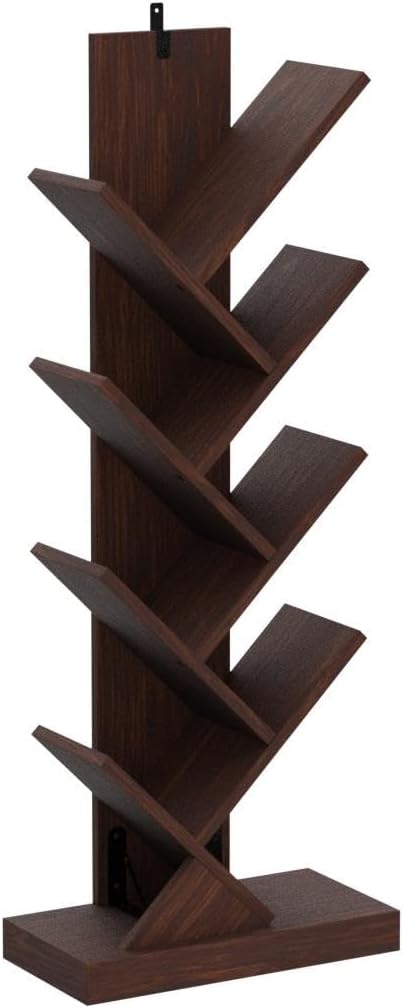 8 Tier Tree Bookshelf, 8 Shelf Open Book Case, Sturdy Tree Bookcase, Narrow Book Organizer Shelves for Bedroom, Living Room, Home Office, Dark Brown, w/Wall Anchor, 15.9"x8.1"x47.6"