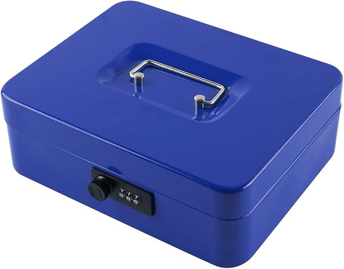 KYODOLED Large Cash Box with Combination Lock,Safe Metal Box for Money, Storage Lock Box with Money Tray,9.84"x 7.87"x 3.54" Blue Large