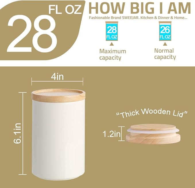 Sweejar Kitchen Canisters Ceramic Food Storage Jar, Stackable Containers with Airtight Seal Wooden Lid for Serving Ground Coffee, Tea, Sugar, Salt and More - 28 Fl Oz (Black)