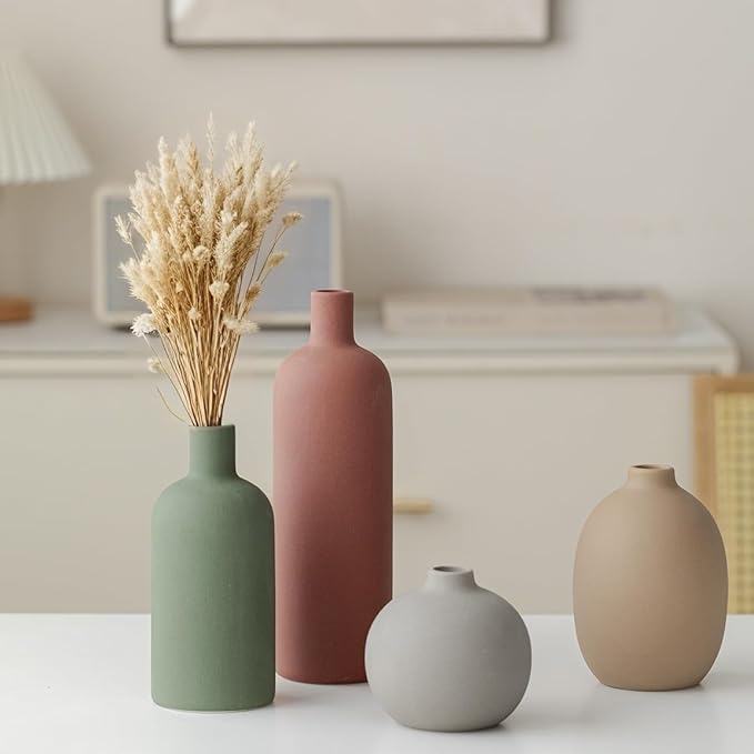 Modern Ceramic Vase Set, Neutral Colors, Decorative Vases for Home Decor, 4 Piece Collection (Green Mix Set 4)