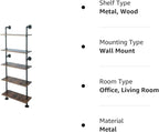 5 Shelf Industrial Pipe Shelving, Black Modern Bookcase Bookshelf, Wall Mount Ladder Shelf with Metal Frame Display Selves