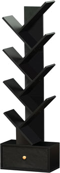 8 Tier Tree Bookshelf with Drawer, Free Standing Wood Bookcase for Living Room, Bedroom, Home Office, Space Saving Storage Organizer Bookshelves for Books, CDs, Vinyl Records- Black