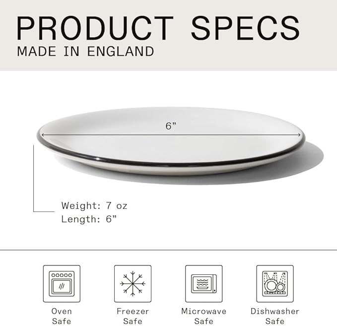Made In Cookware - Set of 4 - Bread and Butter Plates - White With Black Rim - Porcelain - Crafted in England