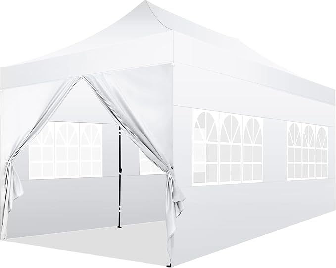 COBIZI 10x20 Pop Up Canopy with 6 Sidewall,Heavy Duty Canopy UPF 50+ All Season Wind Waterproof Commercial Outdoor Wedding Party Tents for Parties Canopy Gazebo with Roller Bag(10 x 20 ft White)