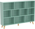 IOTXY Wooden Open Shelf Bookcase - 3-Tier Floor Standing Display Cabinet Rack with Legs, 10 Cubes Kids Bookshelf, Tiffany-Green