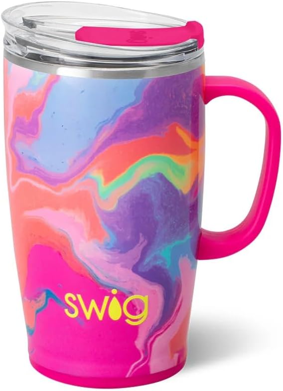 Swig Life 18oz Insulated Travel Mug with Handle & Lid, Candy Crush | Triple Insulated Stainless Steel - Handle & Lid Included - Keeps Coffee Hot or Cold - Cup Holder Friendly
