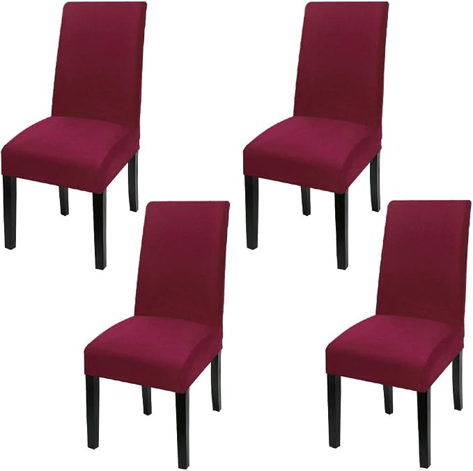 Fuloon 4 Pack Super Fit Stretch Removable Washable Short Dining Chair Protector Cover Seat Slipcover for Hotel, Dining Room, Ceremony, Banquet Wedding Party | Solid Burgundy, Set of 4, Super Fit, Stretch, Removable, Washable, Suits for Hotel, Dining Ro...