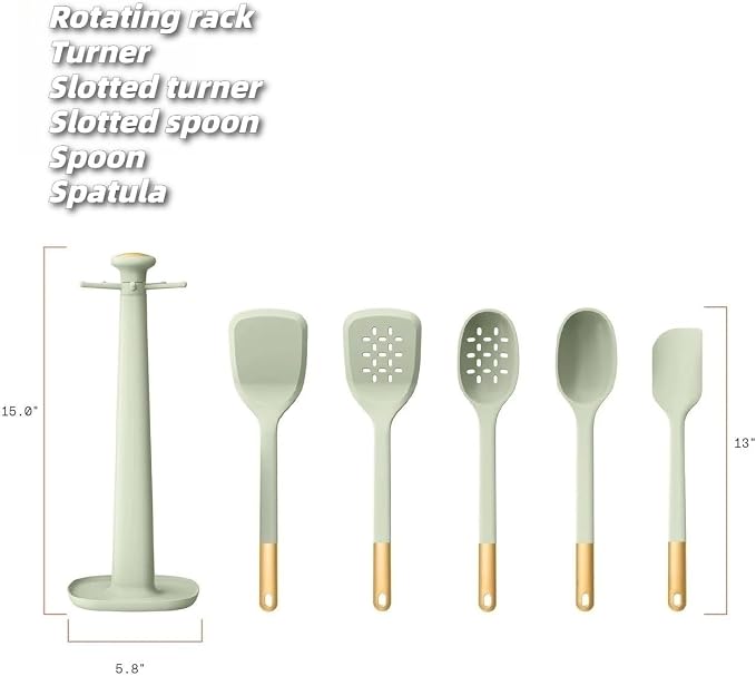 Kitchen Utensil Set, 6-Piece Silicone Kitchen Utensil Set with Rotating Rack - Non-Scratch, Heat Resistant Tools & Gold Stainless Steel Handles (Light Green)
