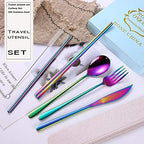 AARAINBOW 6 Pieces 18/8 Stainless Steel Flatware Set Portable Reusable Cutlery Set Travel Utensils Set Including Chopsticks Knife Fork Spoon Straws Cleaning Brush Dishwasher Safe (Multicolored)