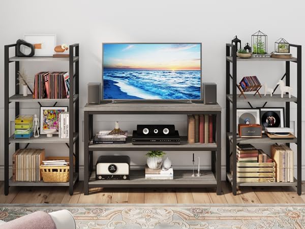 BON AUGURE Industrial 4 Tier Bookshelf, Modern Open Etagere Bookcase, Wood Metal Book Shelves for Living Room, Bedroom and Office (Dark Gray Oak)