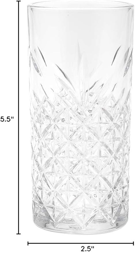 Restaurantware-Timeless 10 Ounce Highball Glasses, Set of 12 Etched Drinking Glasses - Dishwasher-Safe, Chip-Resistant, Clear Glass Water Glass, Lead-Free, For Juices Or Cocktails