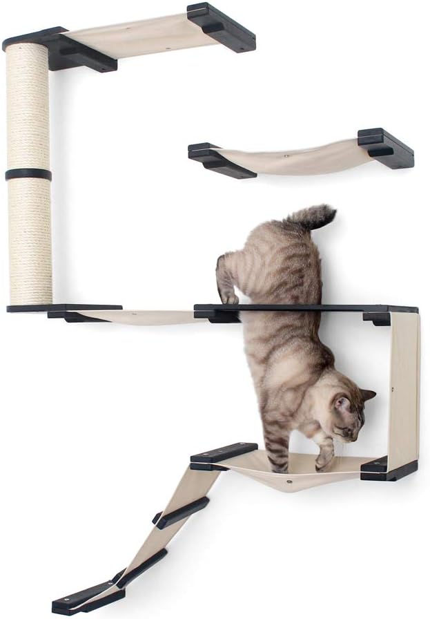 CatastrophiCreations Deluxe Cat Fort Wall Mounted Lounge, Climb and Play Furniture Cat Tree Shelves, English Chestnut Bamboo/Natural Canvas, one Size