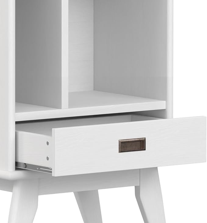 SIMPLIHOME Draper SOLID HARDWOOD 64 inch x 22 inch Mid Century Modern Bookcase and Storage Unit in White for The Living Room, Study Room and Office