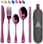 Taplord Portable Travel Silverware Set With Case, Includes 5 Pcs of Travel Utensils With Case, Stainless Steel Flatware Set For Camping, Easy to Travel, Lightweight (Purple), Medium, TL-05P