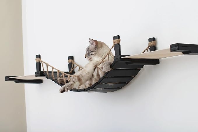 CatastrophiCreations Cat Bridge Wall-Mounted Play and Lounge Toy Cat Tree with Fabric Lounger for Pets, Onyx Bamboo/Natural Canvas