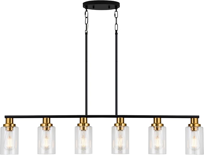 Island Light for Kitchen, 6-Light Farmhouse Dining Room Light Fixture with Clear Glass Shade, 44.3'' Matte Black and Gold Linear Chandelier Pendant Lighting for Dining Table Kitchen Living Room