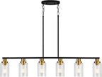 Island Light for Kitchen, 6-Light Farmhouse Dining Room Light Fixture with Clear Glass Shade, 44.3'' Matte Black and Gold Linear Chandelier Pendant Lighting for Dining Table Kitchen Living Room