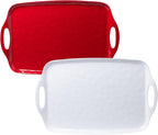 LEHAHA Large Christmas Melamine Serving Tray with Handles, Rectangular Serving Platter, Set of 2, 19''x12'' Turkey/Barbecue/Food/Grilling Prep and ServeTray. Bright White and Christmas Red