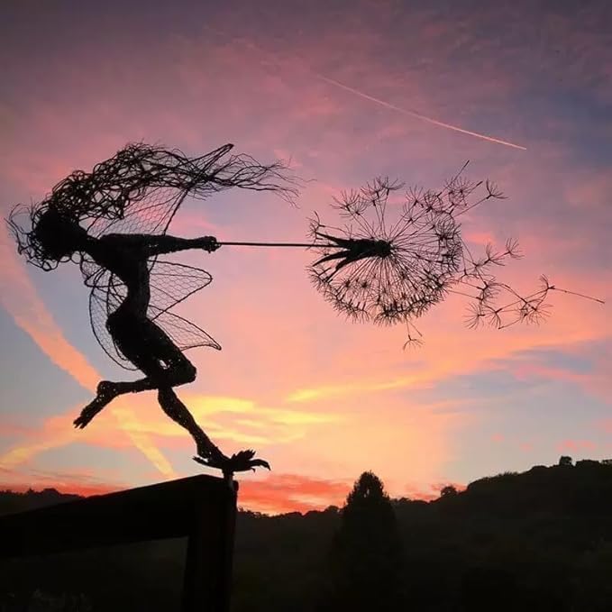 Flower Fairy Dancing with Dandelion, Art Sculpture Fairies for Fairy Garden, Angel Metal Ornaments Gardens Art Sculpture, Outdoor Decorations for The Courtyard, Christmas and Halloween Lawn (A)