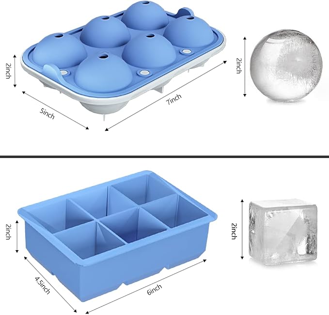 ROTTAY Ice Cube Trays (Set of 2), Sphere Ice Ball Maker with Lid & Large Square Ice Cube Maker for Whiskey, Cocktails and Homemade, Keep Drinks Chilled