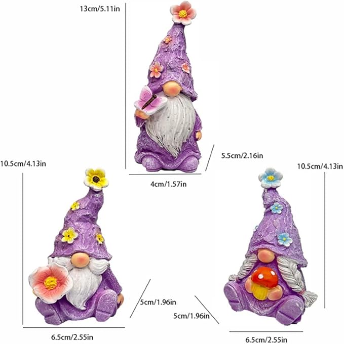 Gnome Decoration Figurine Outdoor Statue Resin 3pcs Flowers Spring Gnomes, Home Decoration Ornaments for Desktop Bookshelves Courtyard Garden Gift (Purple)