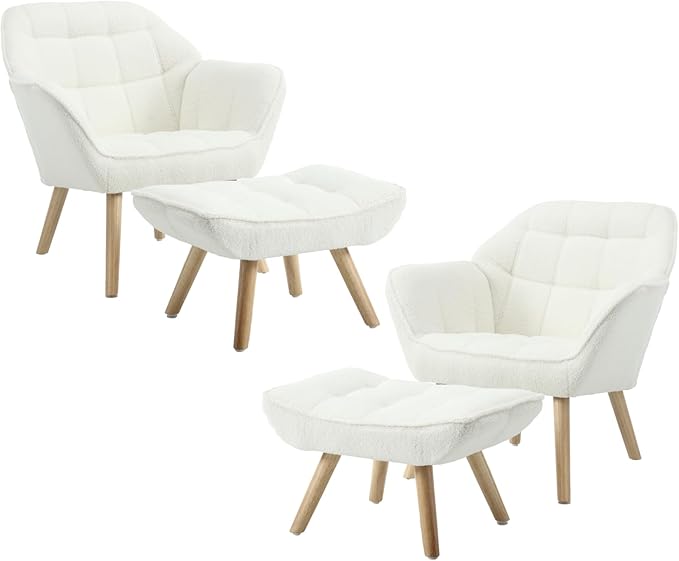 Modern Sherpa Accent Chair with Ottoman Set of 2, Fluffy Upholstered Lounge Chair with Footrest, Comfy Living Room Side Boucle Armchair for Small Space Bedroom, White