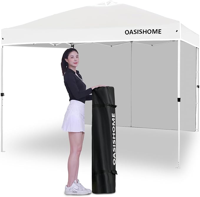 OASISHOME Pop-up Portable Outdoor Canopy Tent 10'x10' Instant Gazebo, with 1 Sidewall, Carry Bag, Stakes, Ropes, for Outdoor/Beach/Patio/Wedding Parties and Commercial Events (10FTx10FT, White)