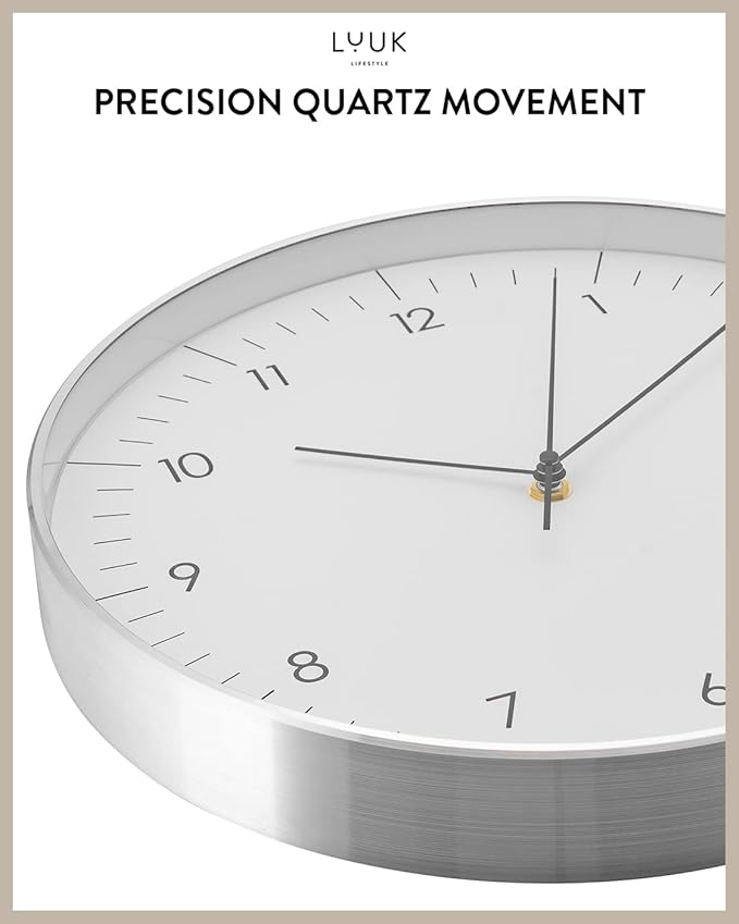 LUUK LIFESTYLE Modern Wall Clock Without Ticking, Pure Minimalist Design, legible Digits, Home Decor for Living Room, Office, in White and Silver