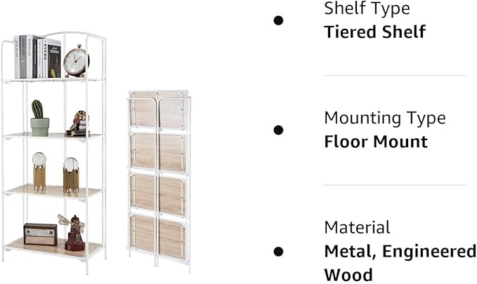 No Assembly Folding Bookshelf, 4 Tier White Bookshelf, Metal Book Shelf for Storage, Folding Bookcase for Office Organization and Storage, 12.6" D x 22.44" W x 55.51" H