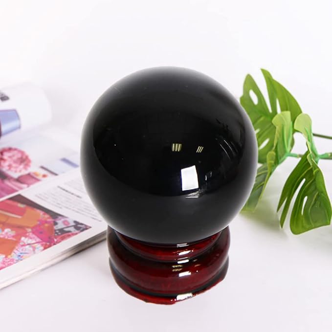 JIC Gem Small Black Crystal Ball - Obsidian Sphere with Wooden Stand for Feng Shui Healing, Meditation (70-80mm)