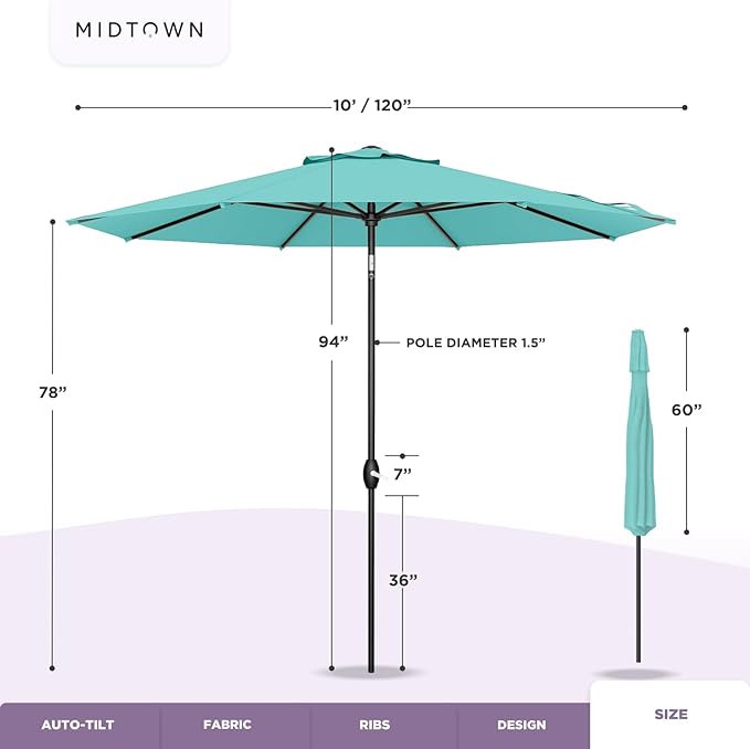 Midtown Umbrellas Sunbrella Umbrella 10 Feet Large Outdoor Umbrella With Sunbrella Aruba Acrylic Fabric - Auto-Tilt Aluminum Frame Large Patio Umbrella For Backyard, Deck, Garden, Pool - Black Pole