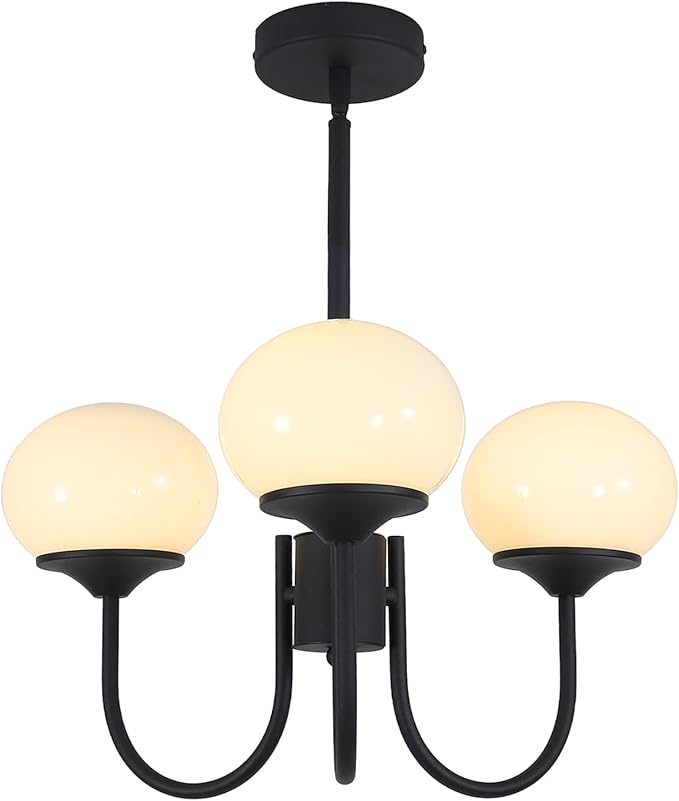 Mid Century Modern Pendant Light 3-Light Milk Glass Chandelier Frosted Globe Chandelier Black Sputnik Ceiling Light Fixture for Living Room Bedroom