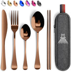 Taplord Portable Travel Silverware Set With Case, Includes 5 Pcs of Travel Utensils With Case, Stainless Steel Flatware Set For Camping, Easy to Travel, Lightweight (Rose Gold)