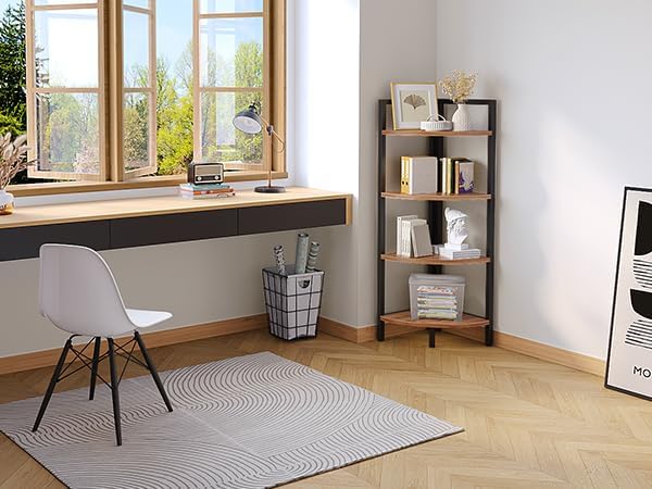 SAYGOER Corner Bookshelf 4 Tier Stand Storage Shelf Modern Black Bookcase Ladder Standing Shelves Display Rack Plant Stand for Small Spaces, Bedroom, Living Room,Walnut Oak
